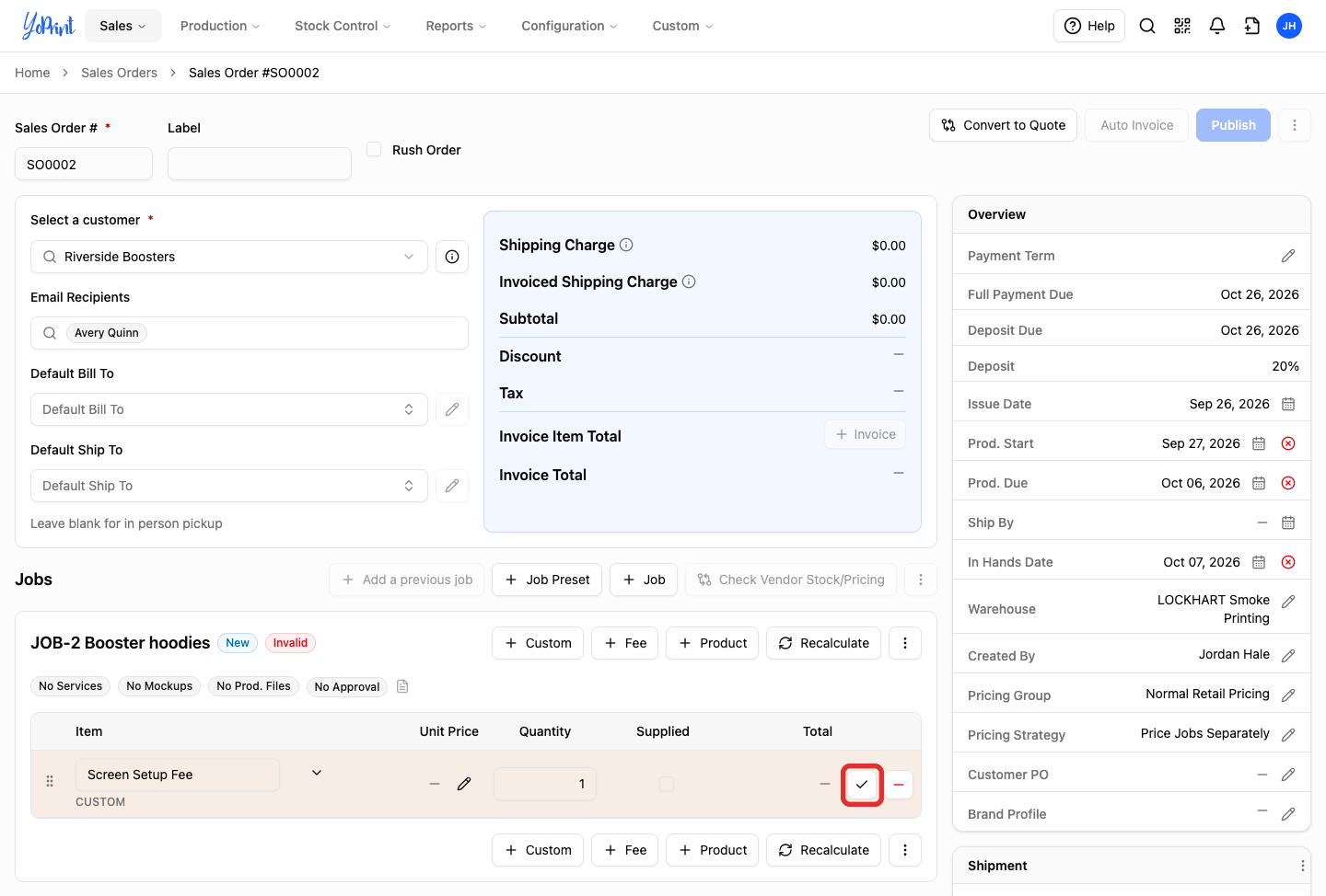 Check mark icon to confirm a line item on the draft job