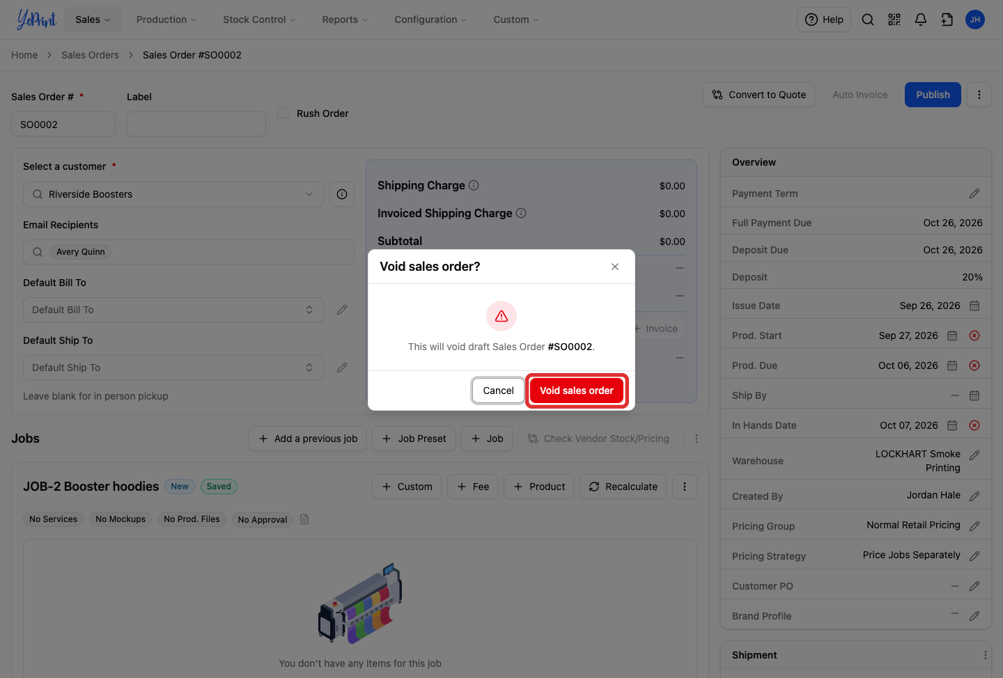 Void sales order confirmation prompt