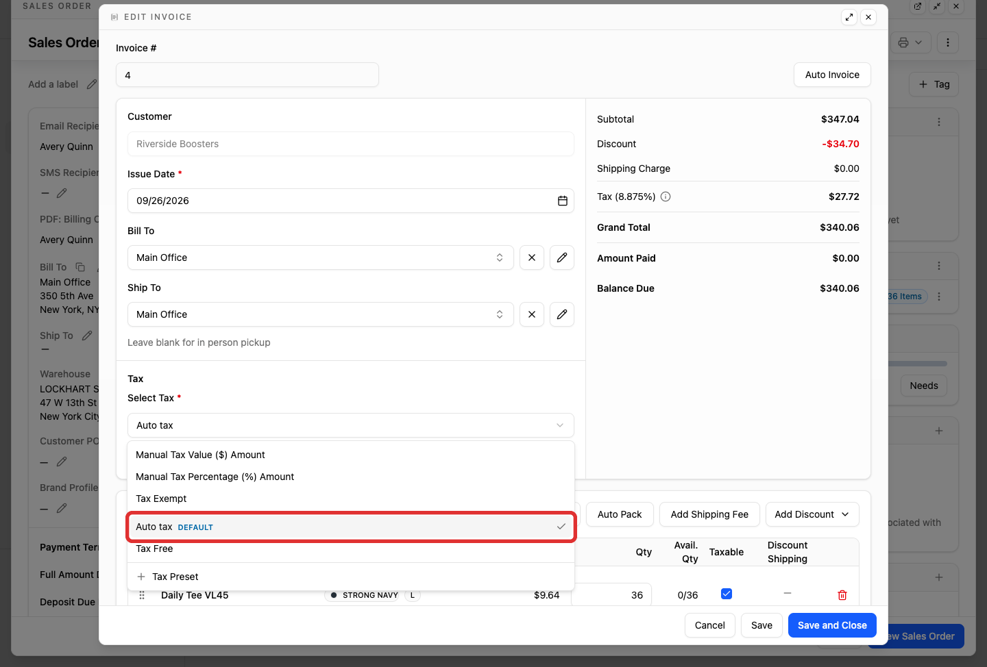 Auto tax option in the tax dropdown