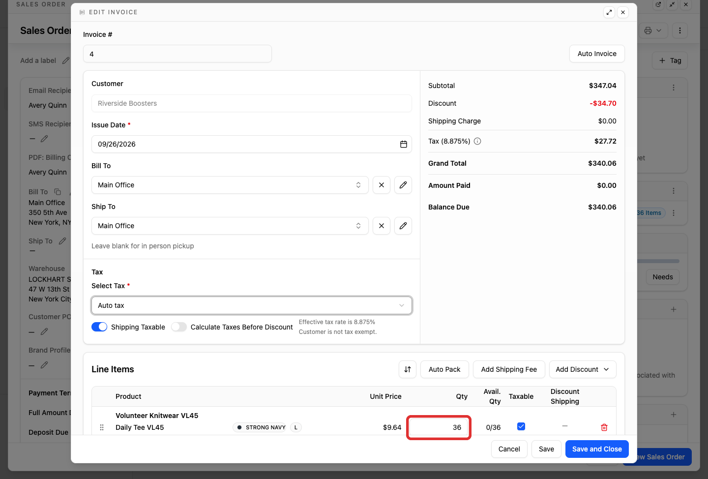 Quantity input field on the invoice edit dialog