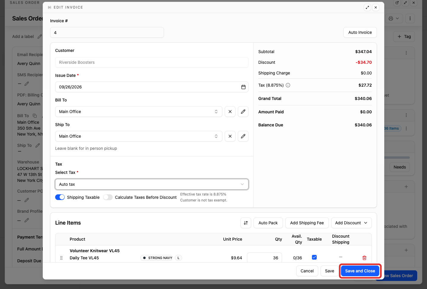 Save and Close button on the invoice edit dialog