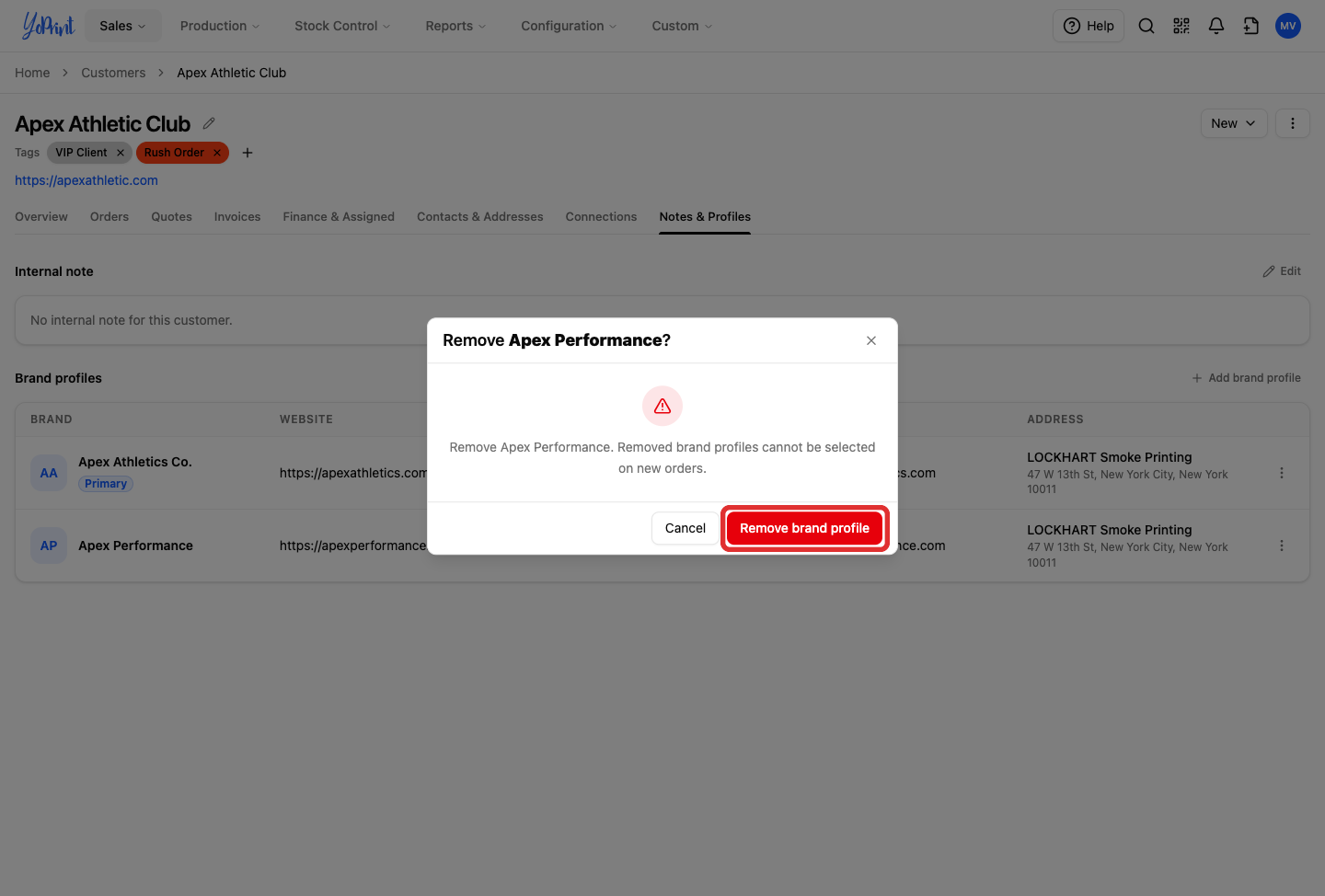 Remove brand profile confirmation dialog with Remove button marked