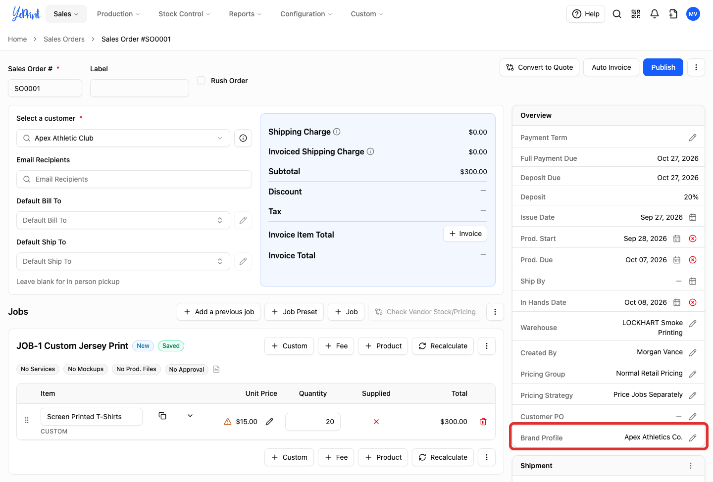 Brand profile field selected on sales order