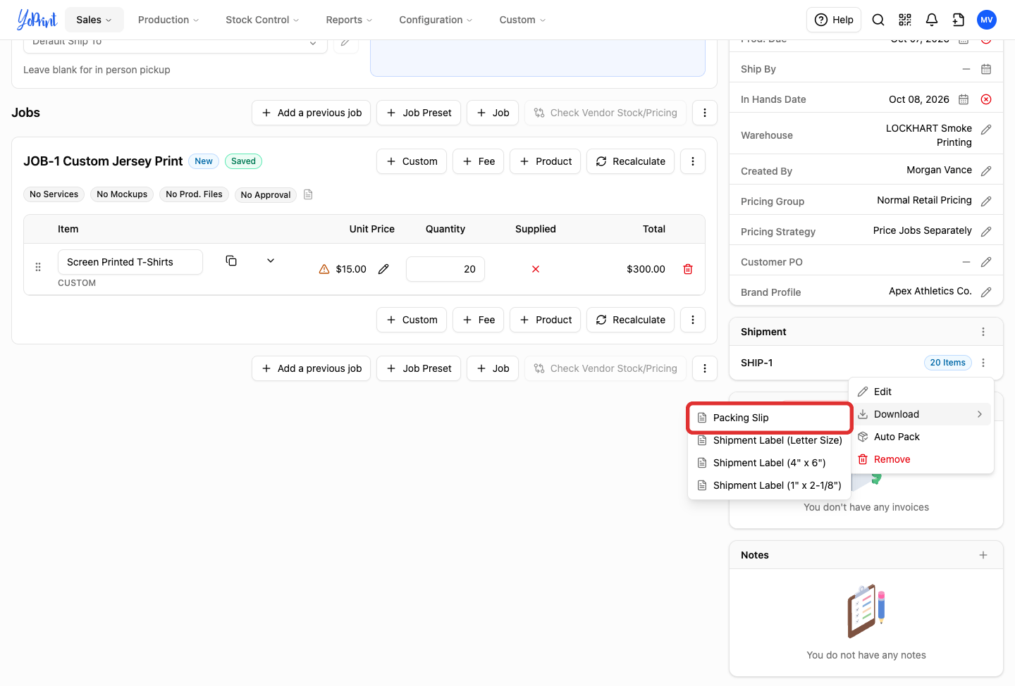 Download packing slip option in shipment actions menu