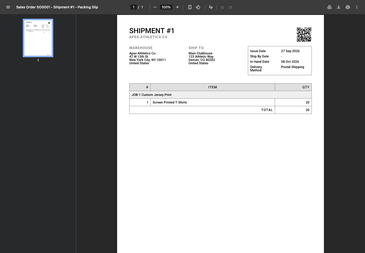 Packing slip PDF header displaying customer brand profile details