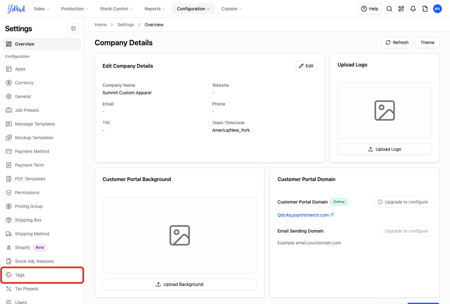 Tags link in Settings sidebar
