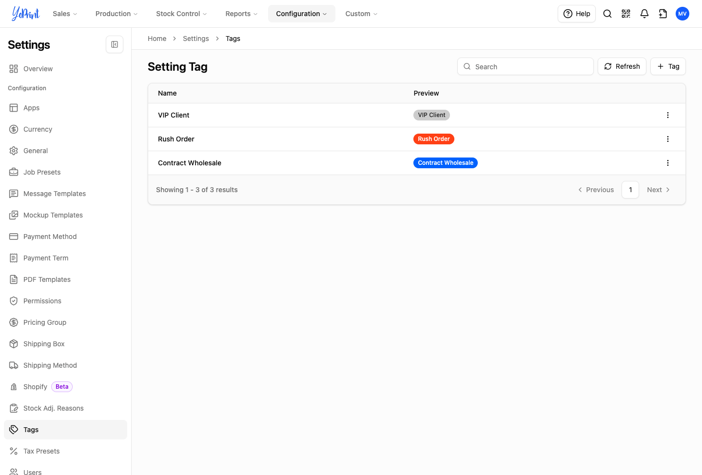 Tags table in Settings displaying tag names and color badges