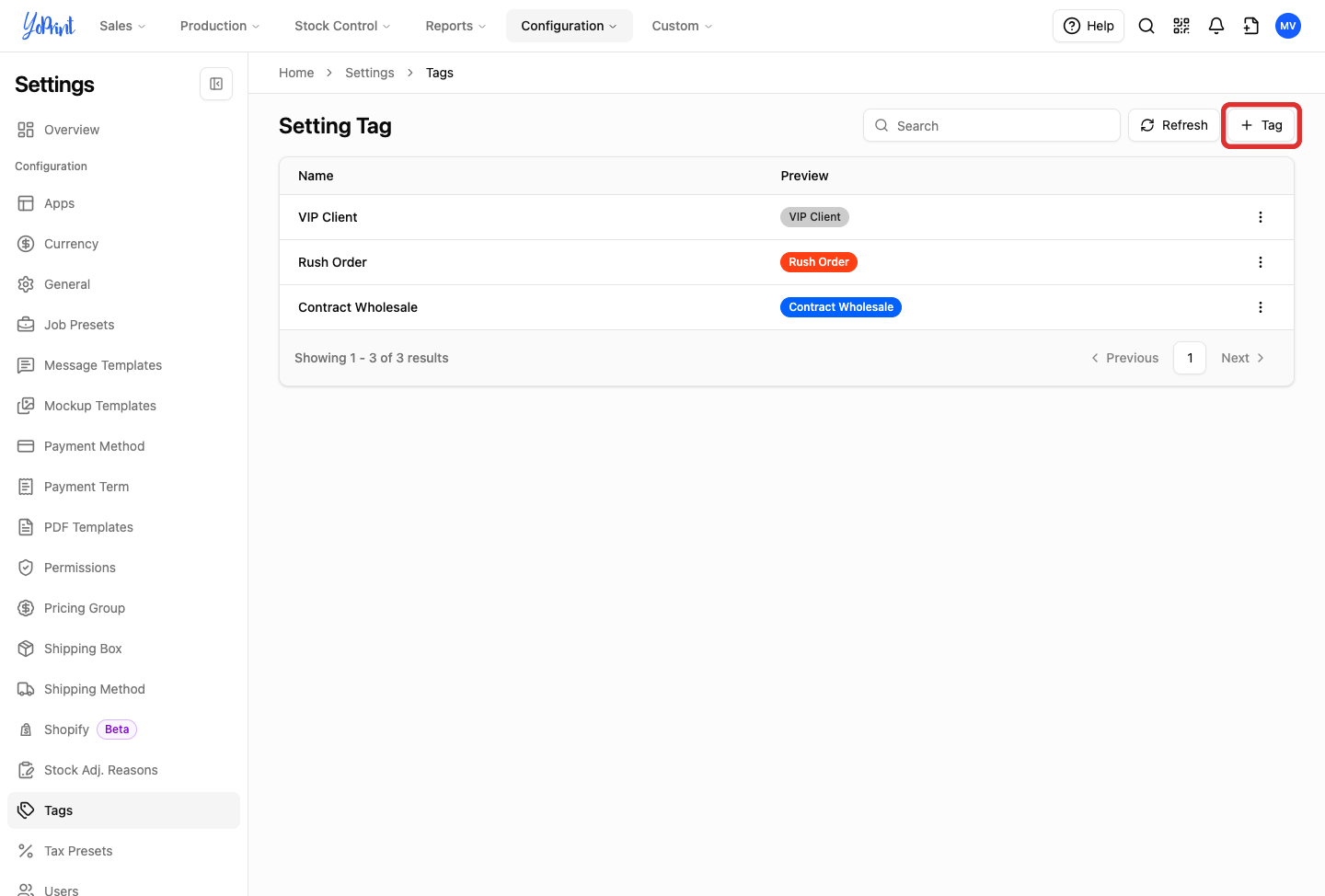 Add Tag button in Settings