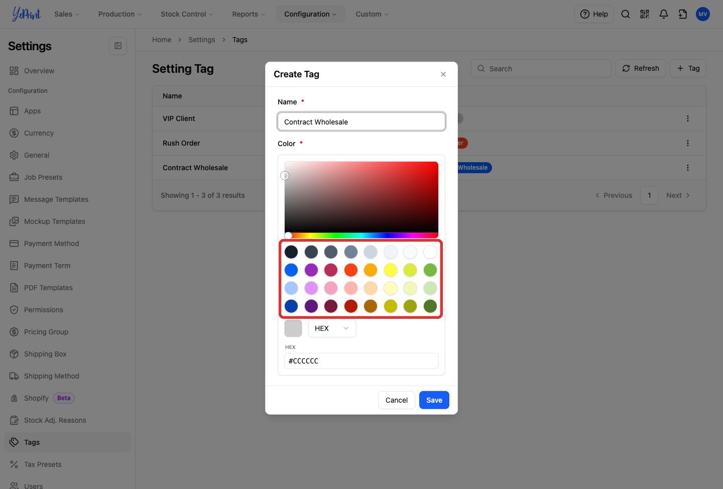 Color swatches in Create Tag dialog