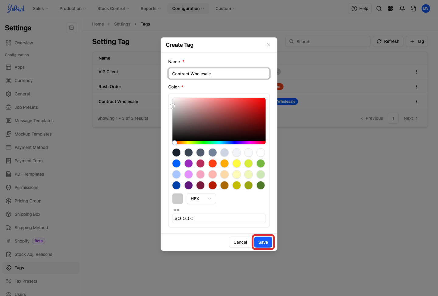 Save button in Create Tag dialog