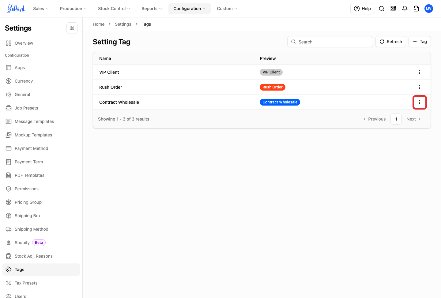 More actions button on tag row for editing