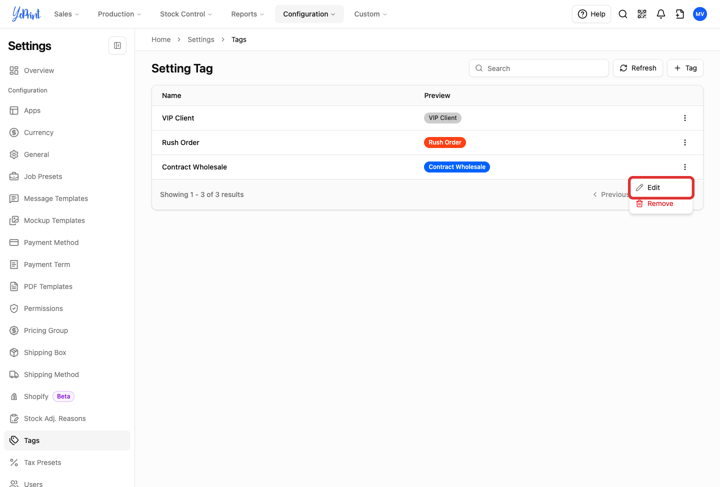 Edit option in tag row actions menu