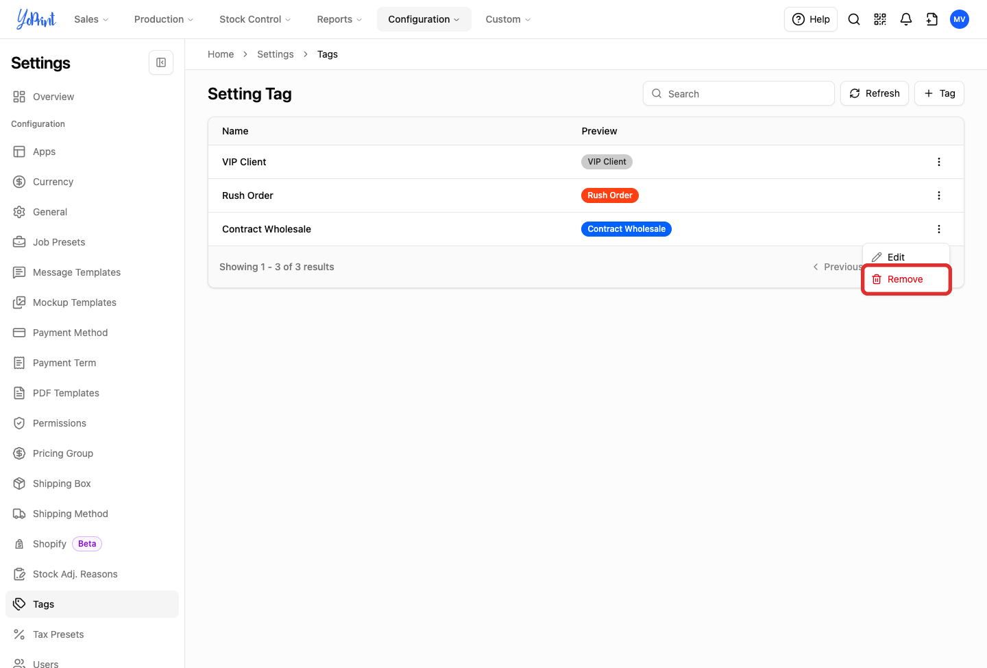 Remove option in tag row actions menu