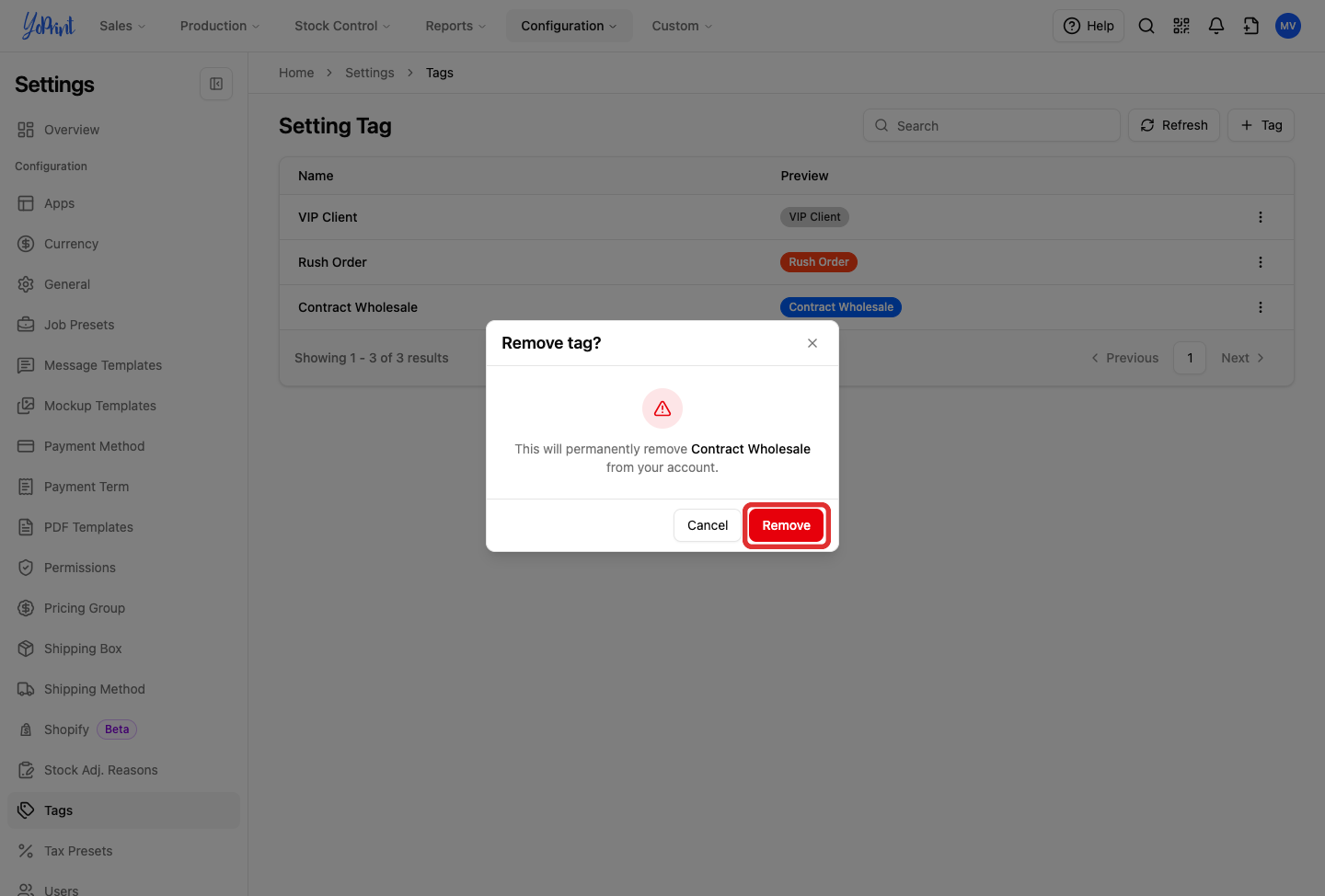 Remove button in delete tag confirmation dialog