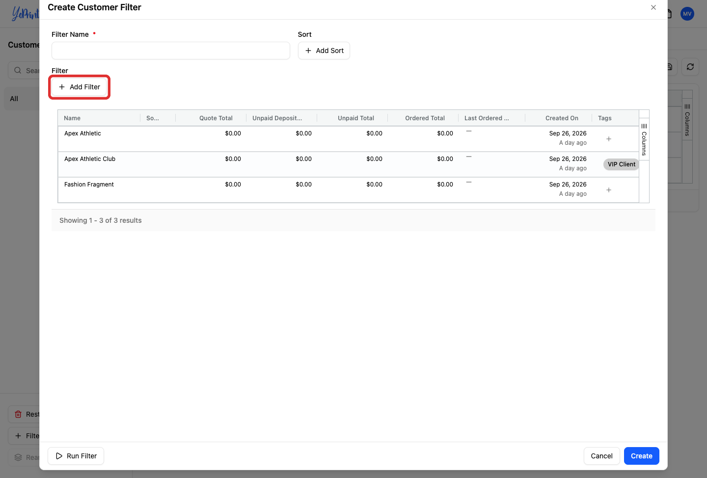 Add Filter button in customer filter dialog