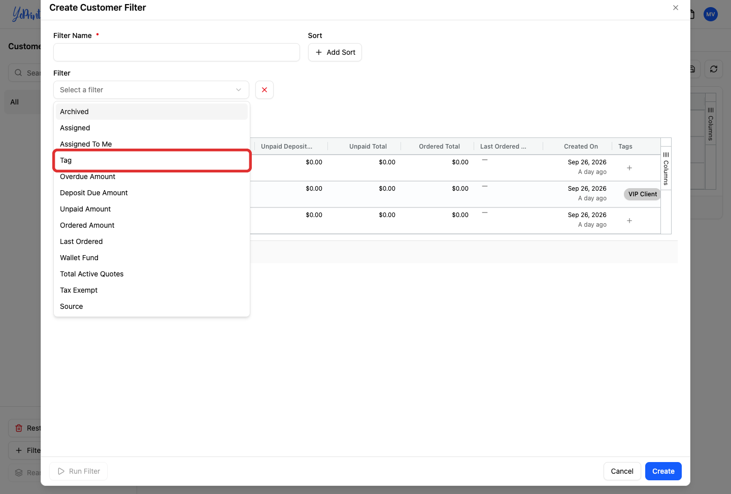 Tag property selected in filter dropdown list