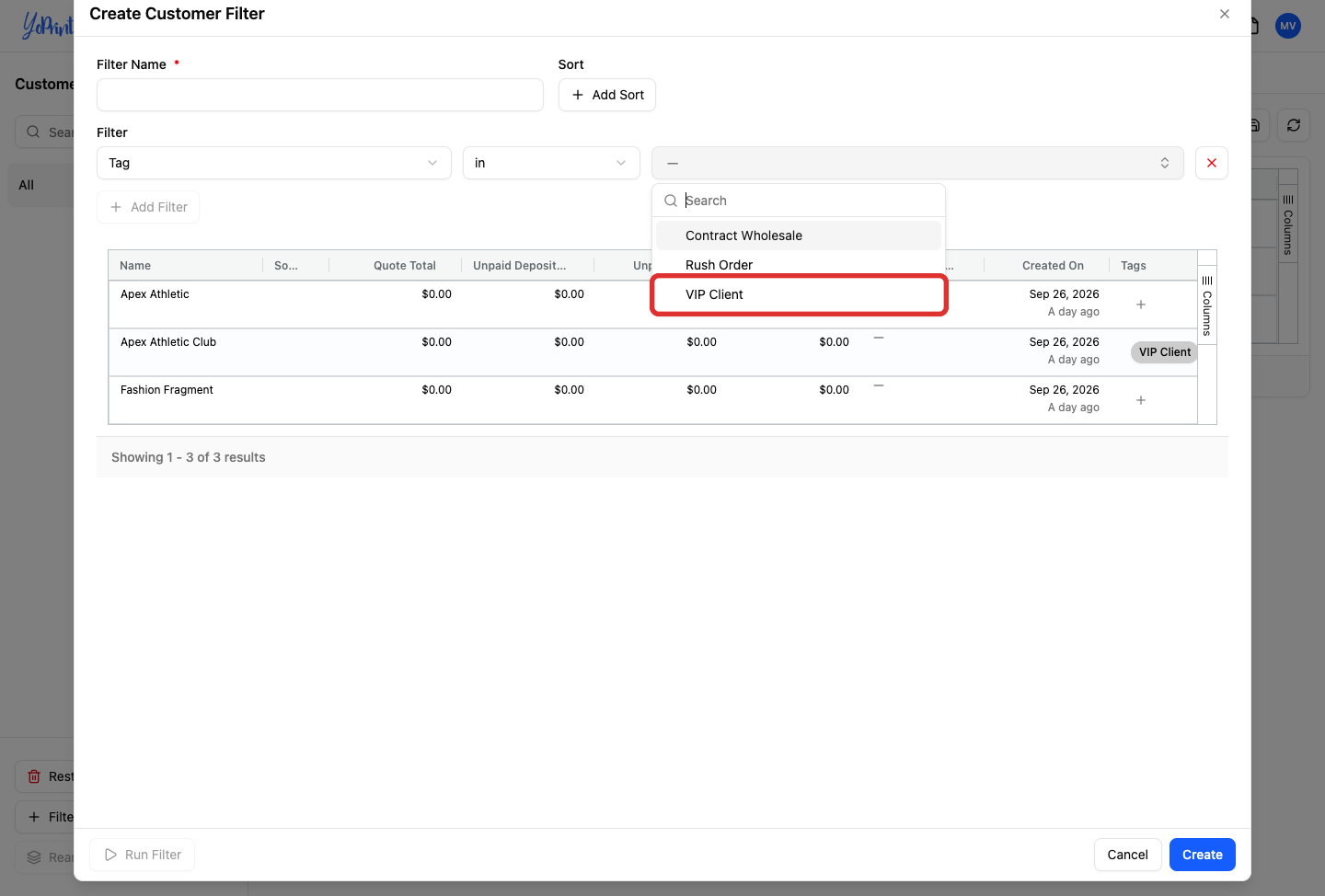 Tag value selected in filter suggestions dropdown