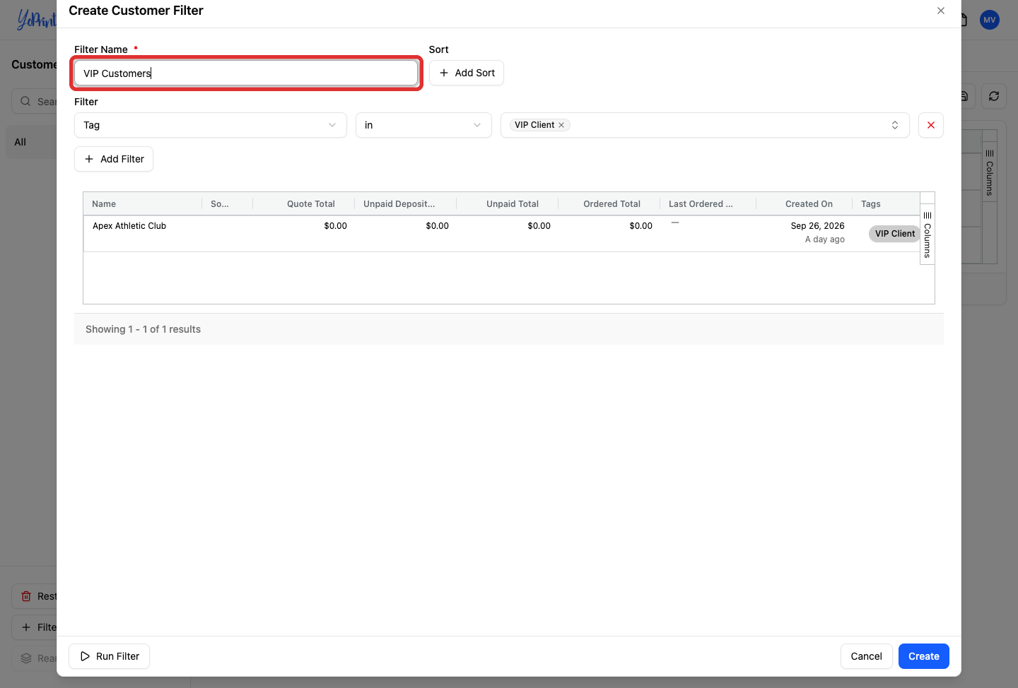 Filter Name field filled in customer filter dialog