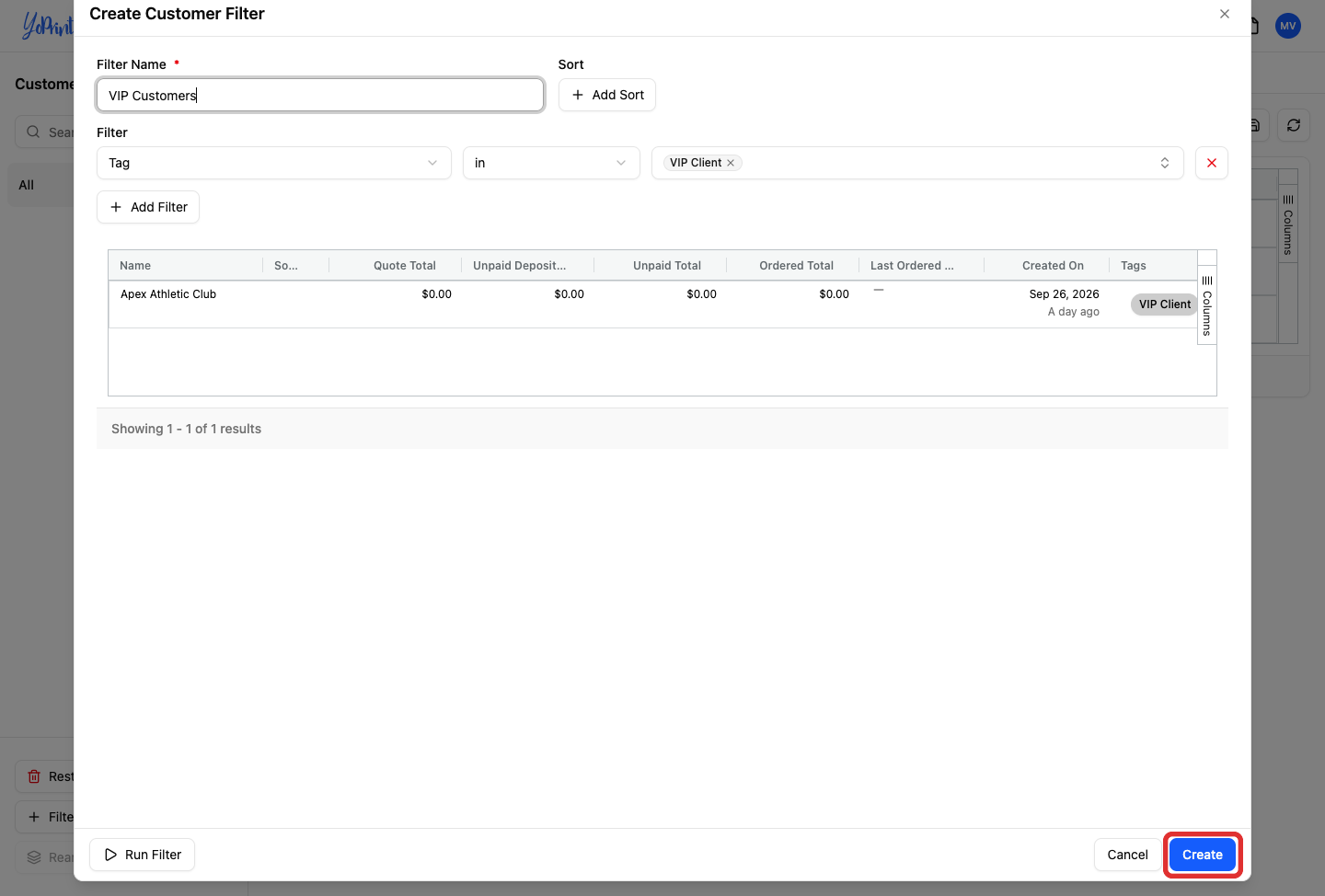 Create button in customer filter dialog