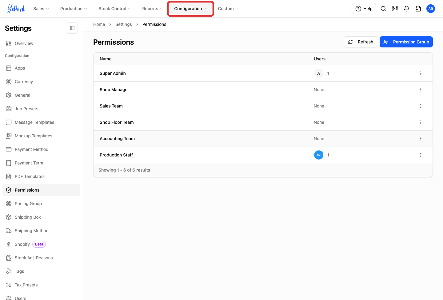Configuration in the navigation bar, highlighted