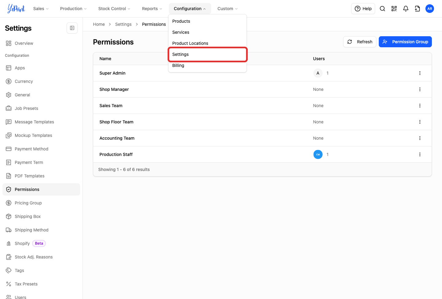 Configuration menu open with Settings highlighted