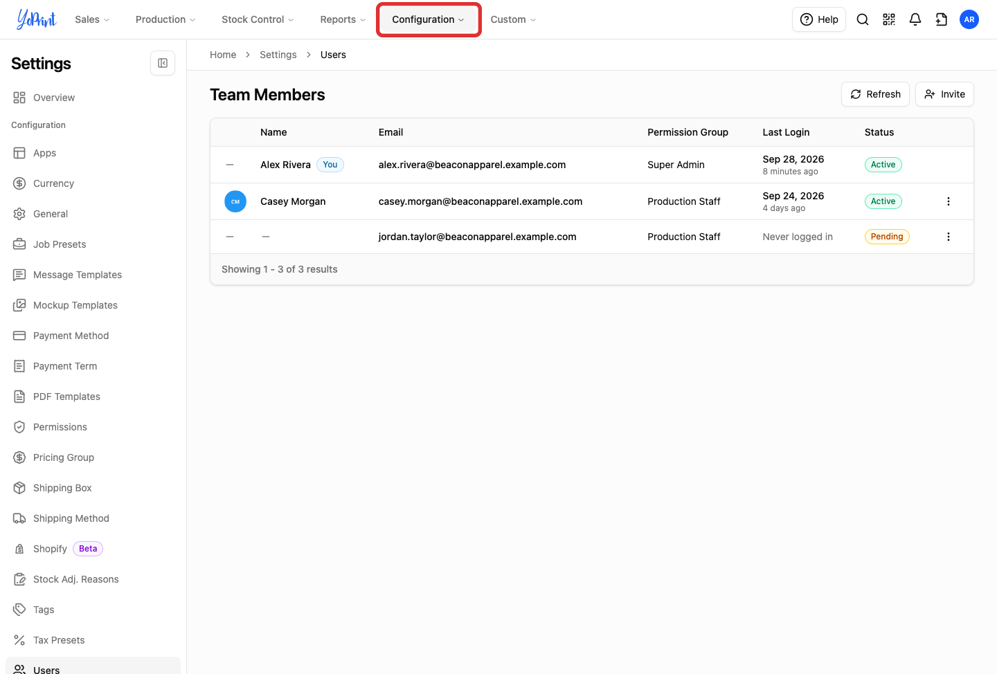 Configuration in the navigation bar, highlighted