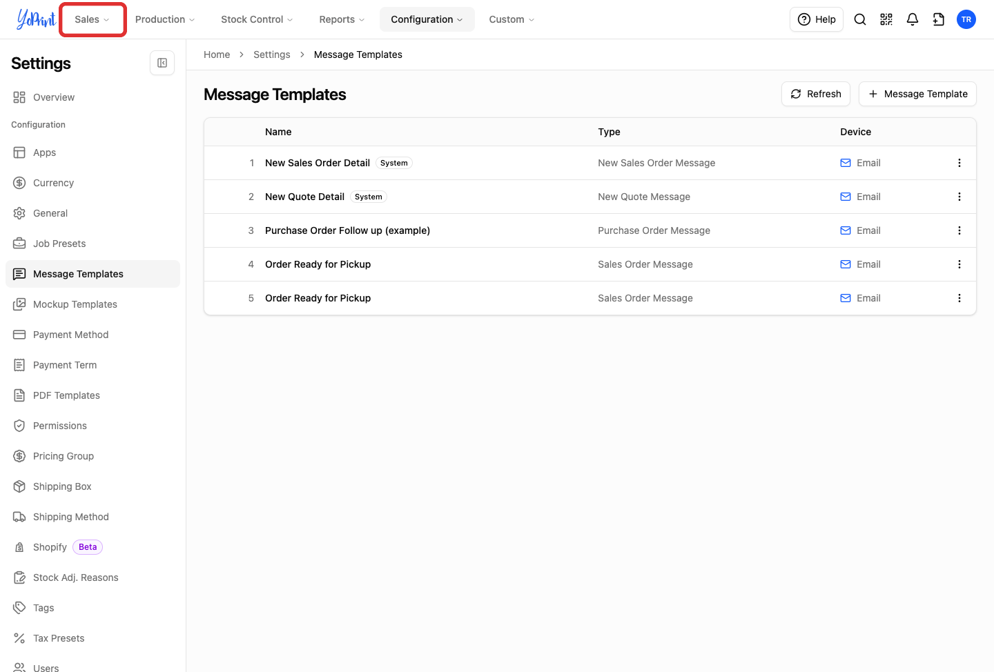 Primary navigation bar highlighting Sales