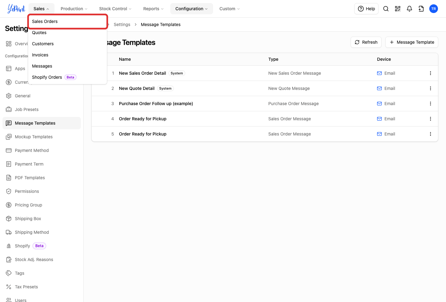 Sales dropdown menu highlighting Sales Orders