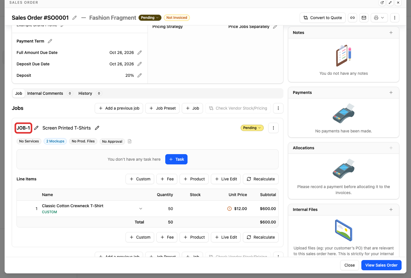 Sales order Job tab with JOB-1 outlined