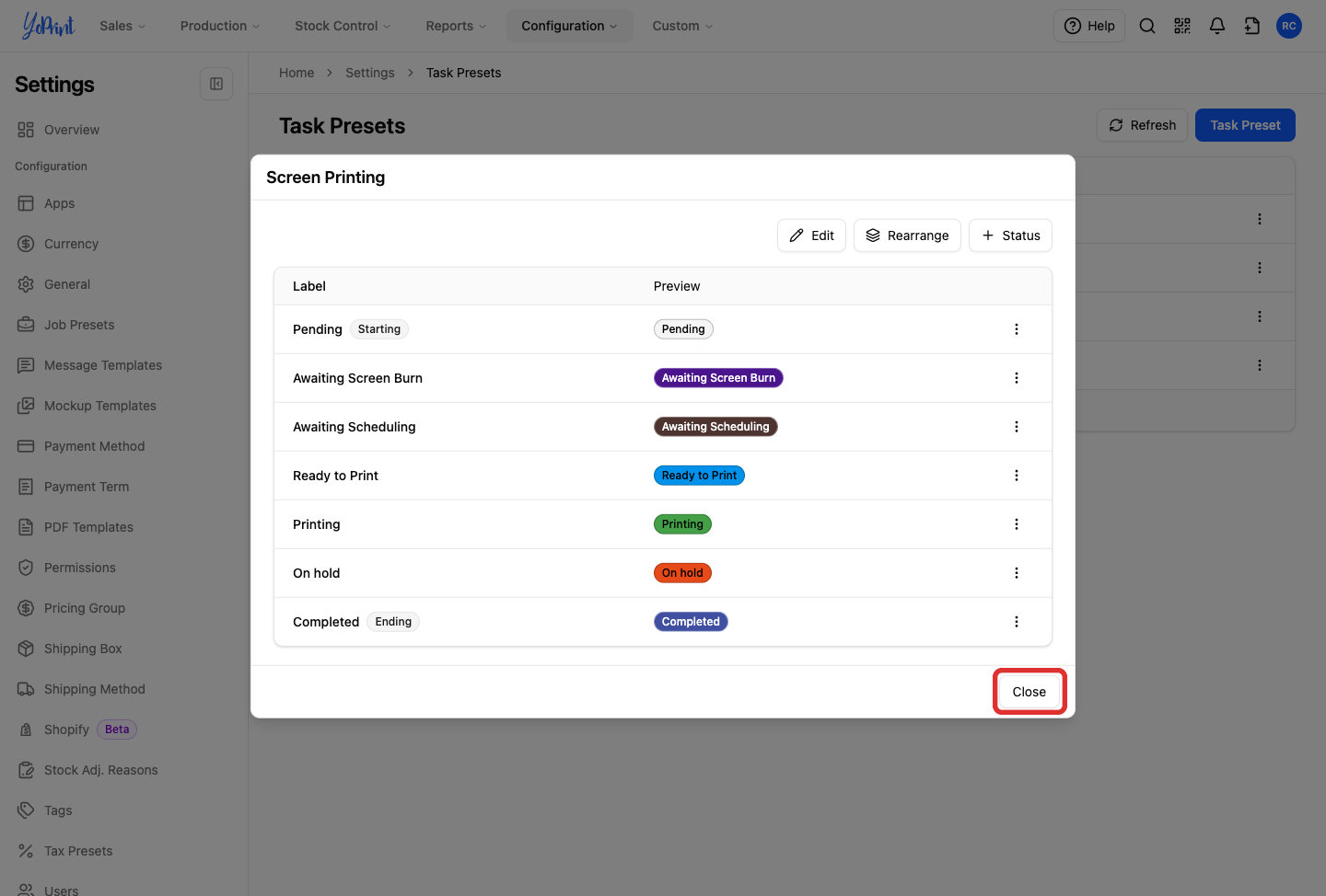 The Close button on the status dialog, highlighted
