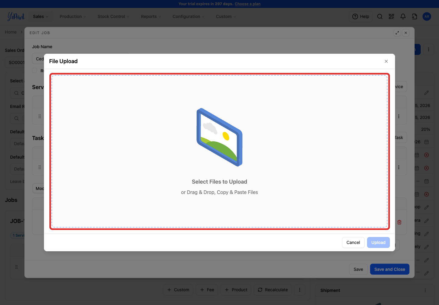 Mockup file upload modal