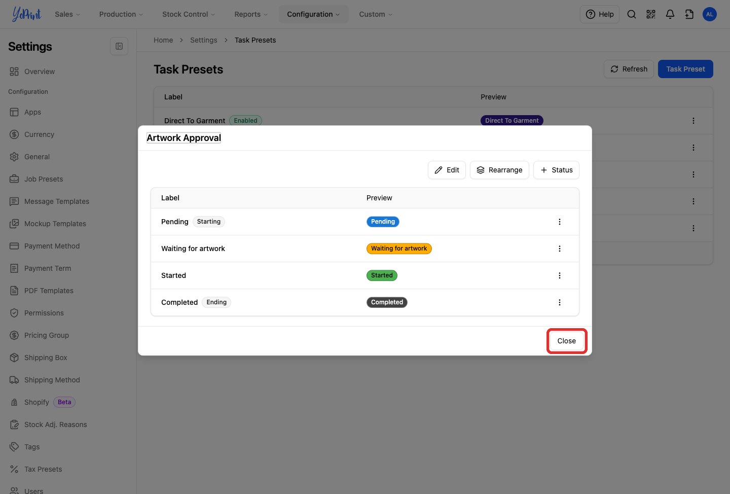 Close button on the preset dialog