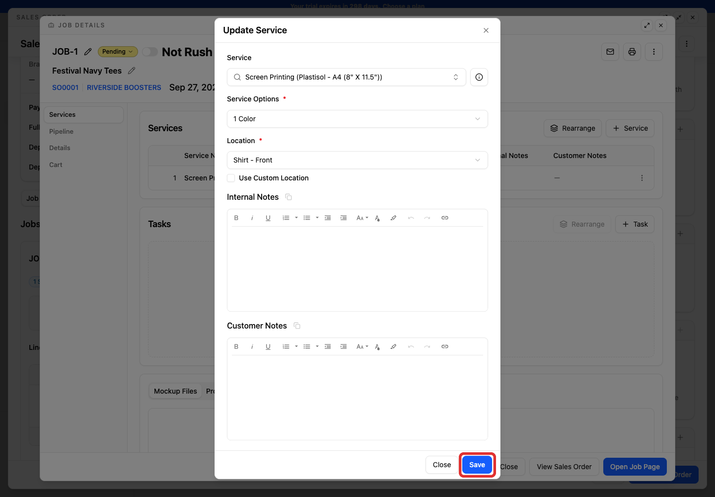 Save button in the Update Service dialog