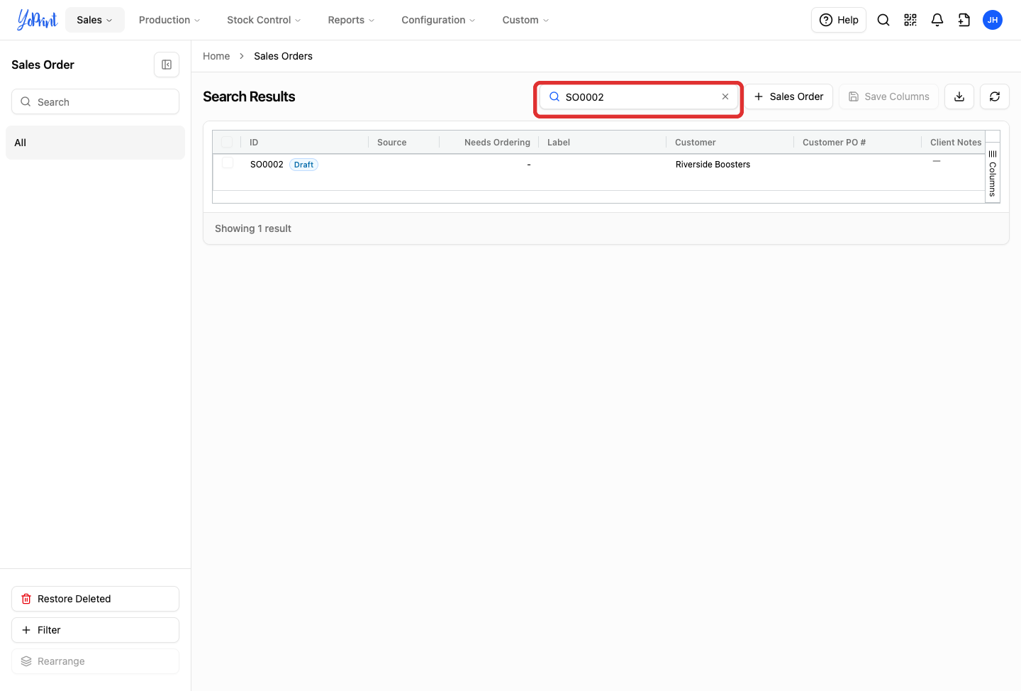 Search box above the orders table on the Sales Orders page