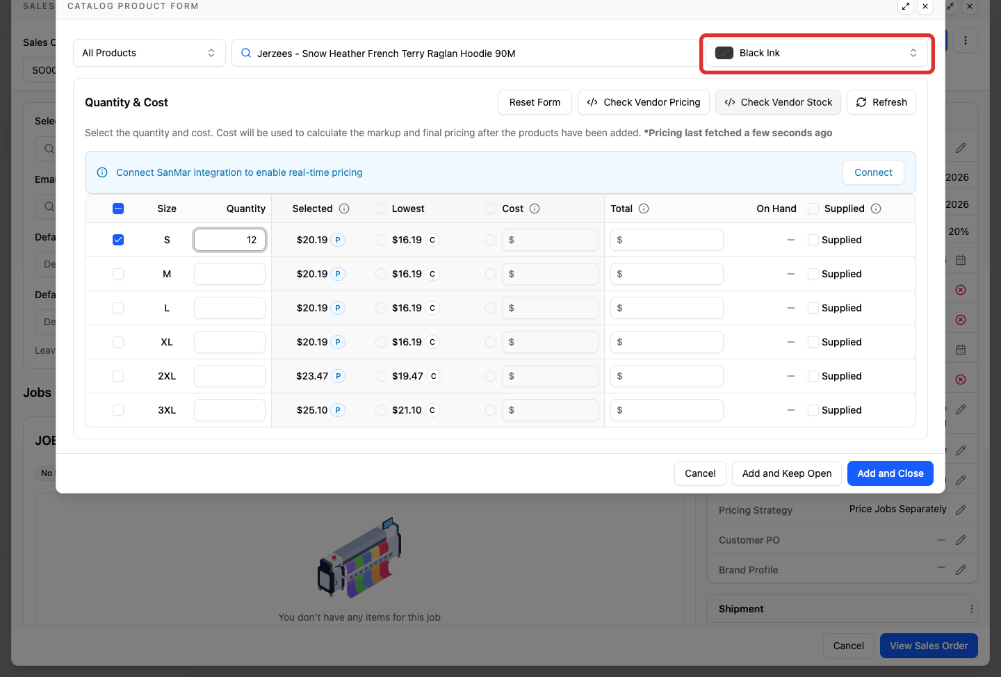 Select a garment color in the catalog product form