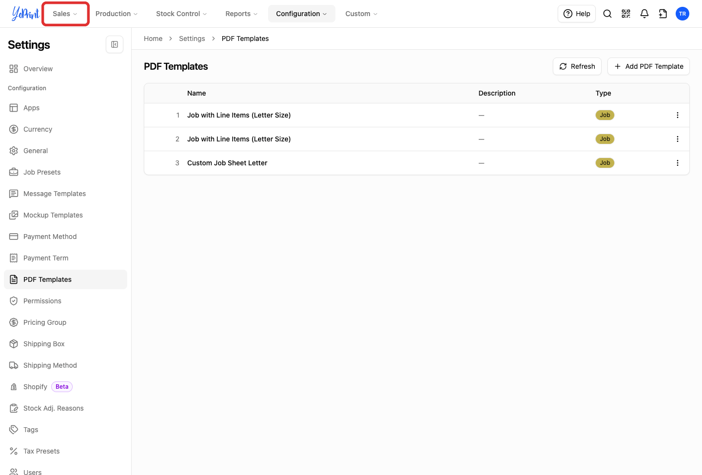 Primary navigation bar highlighting Sales