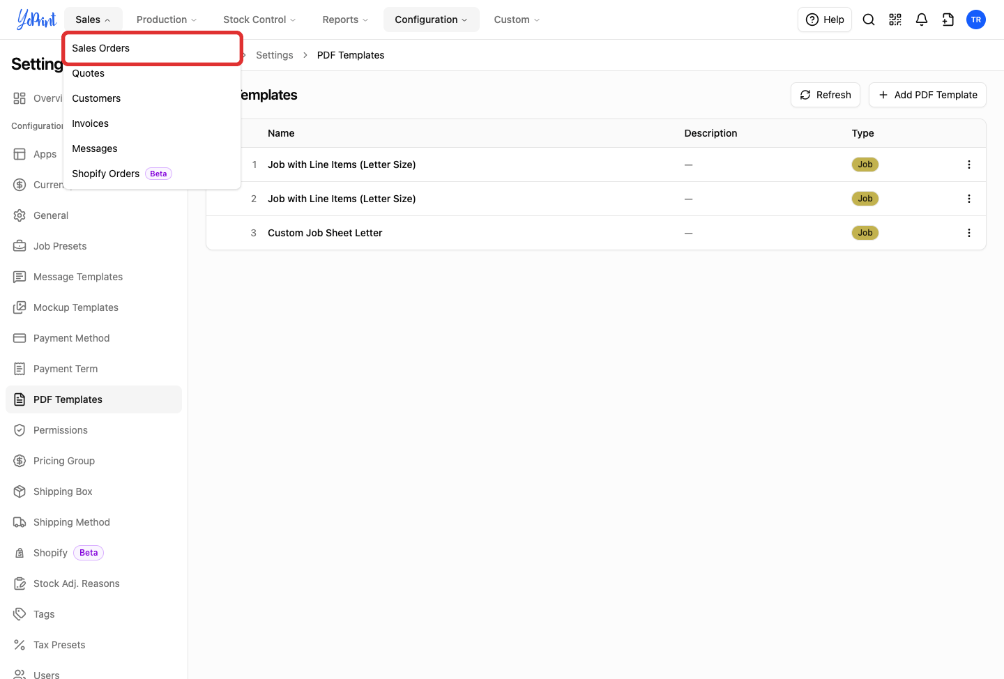 Sales dropdown menu highlighting Sales Orders