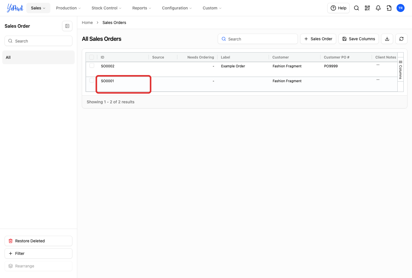 Sales Orders list highlighting order SO0001