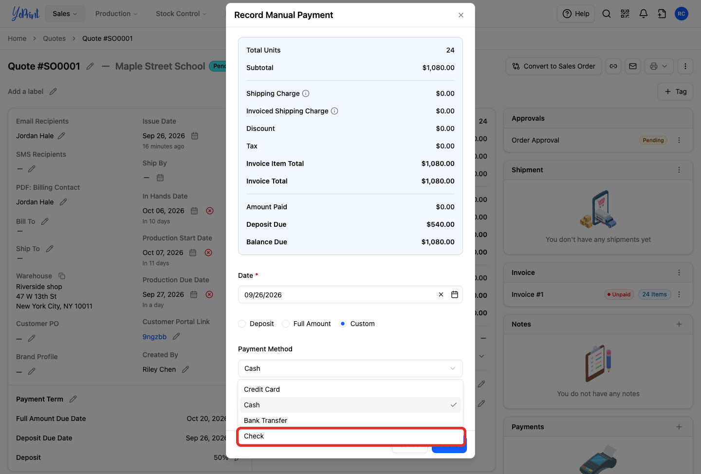 Payment methods in Record Manual Payment