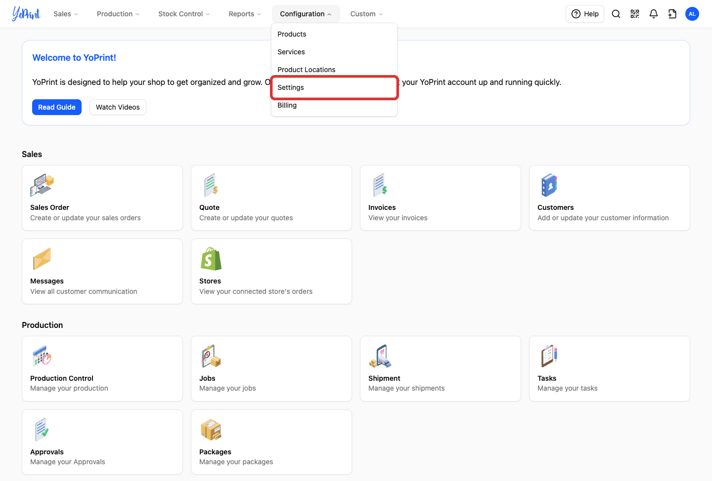Settings in the Configuration menu