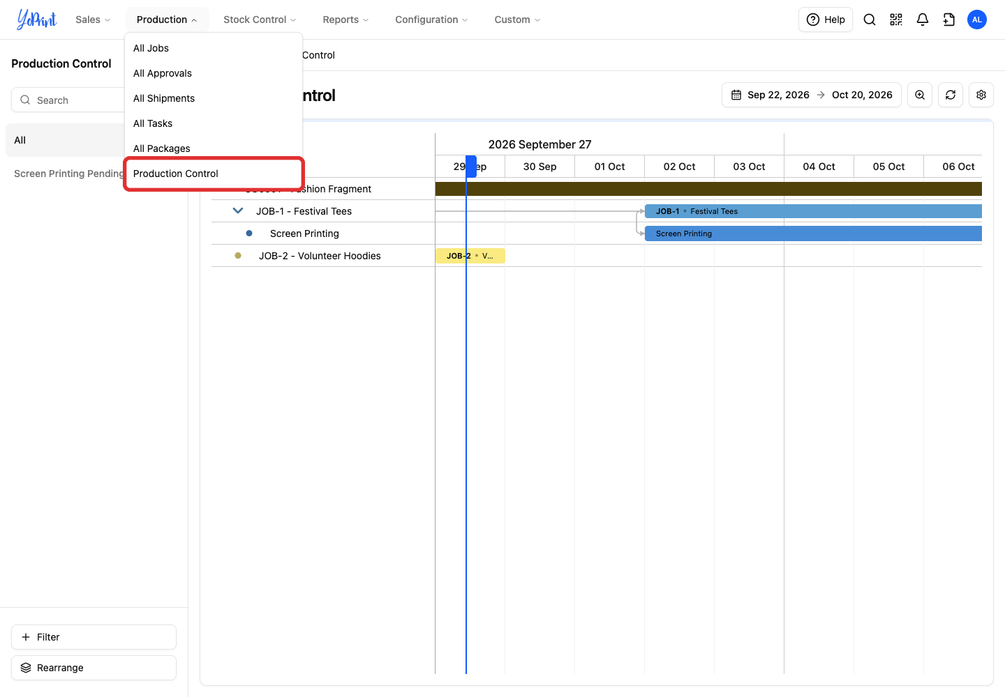 Production menu with Production Control outlined