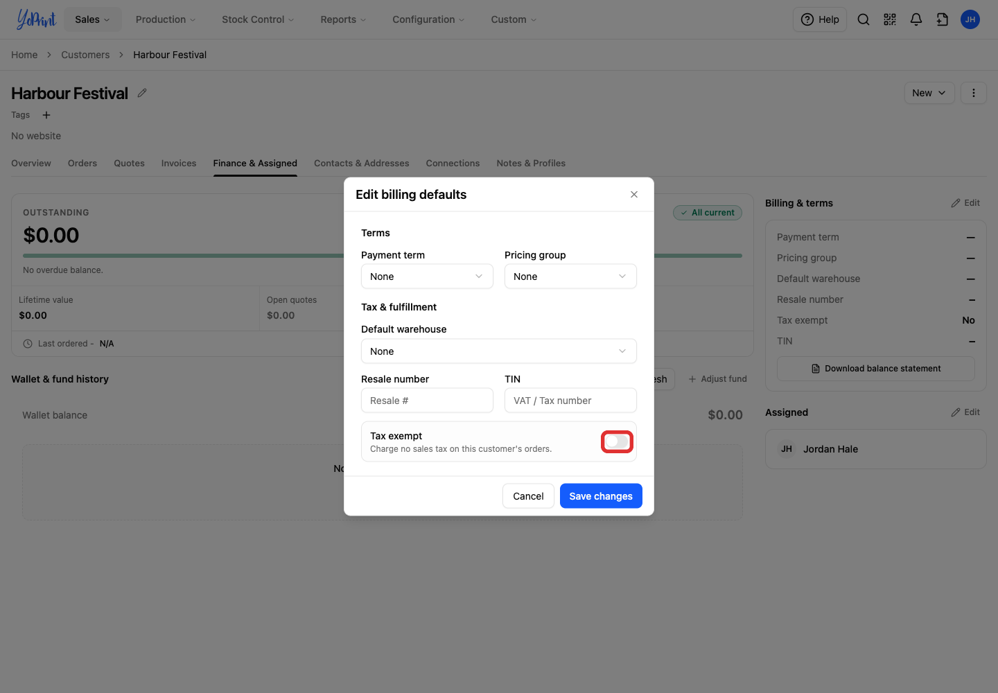 Tax exempt switch in Edit billing defaults