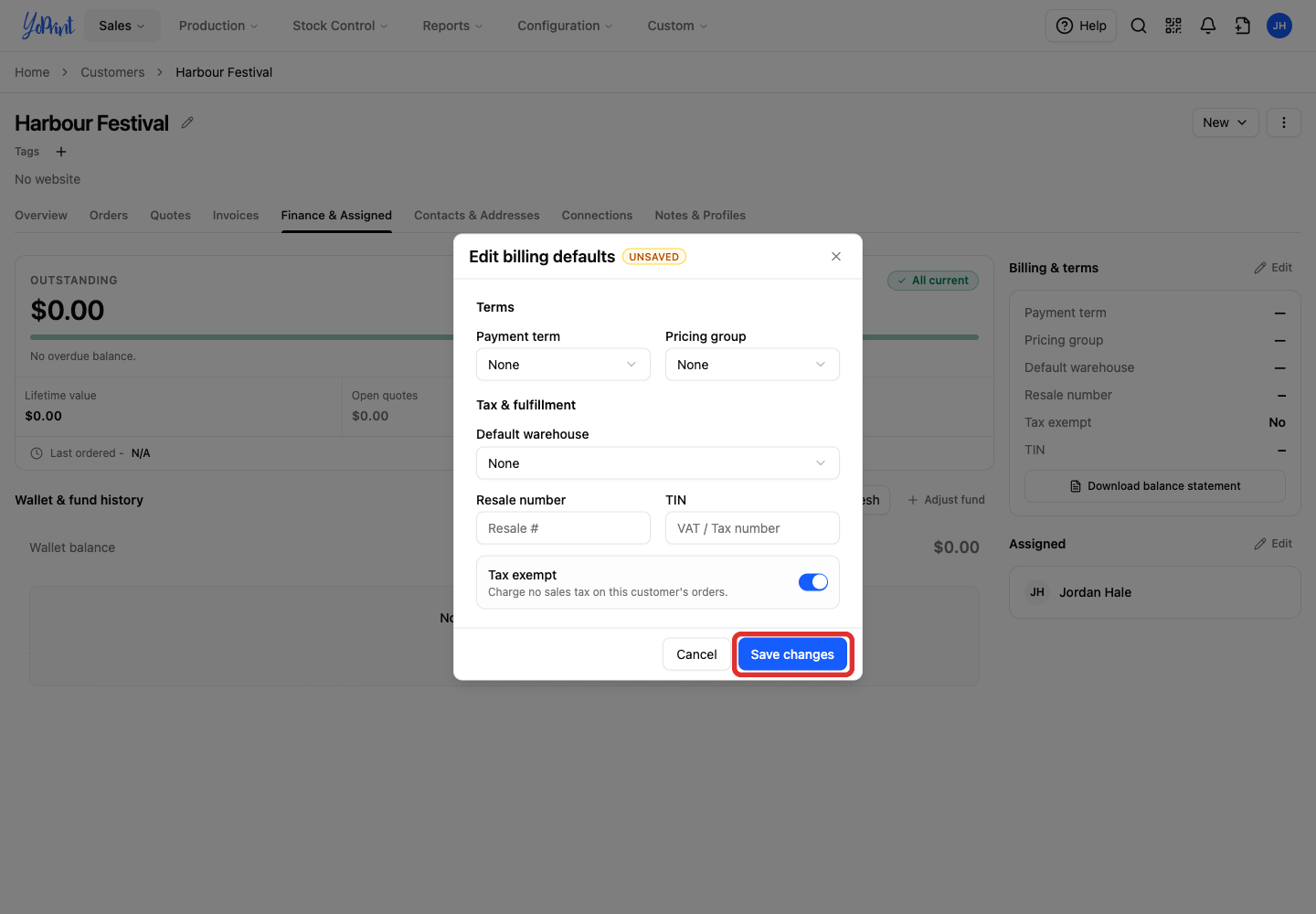 Save changes on billing defaults