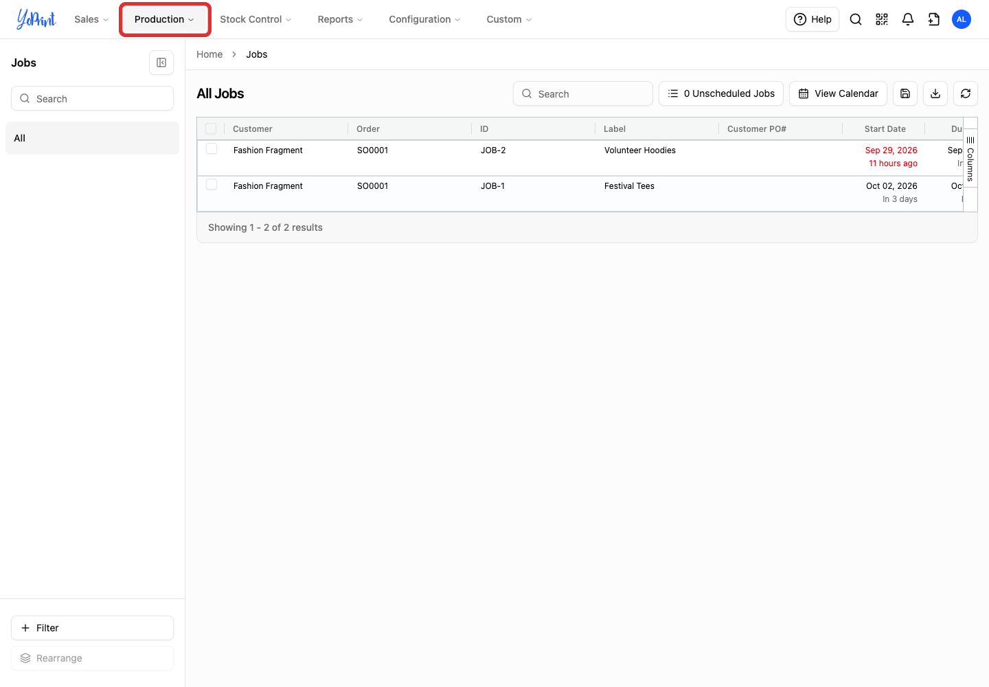 Primary navigation with Production outlined