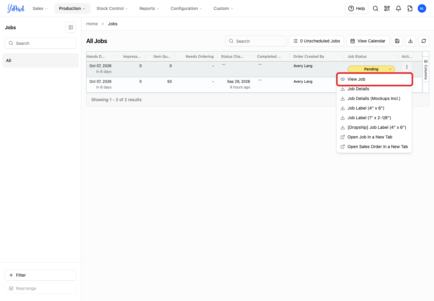 Job row actions dropdown menu with View Job outlined