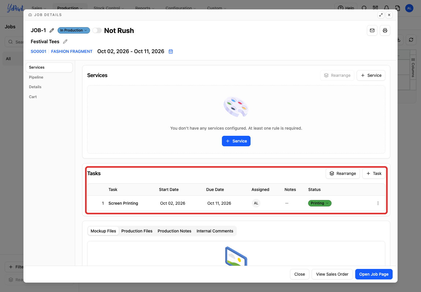 Job details modal with associated tasks and services outlined