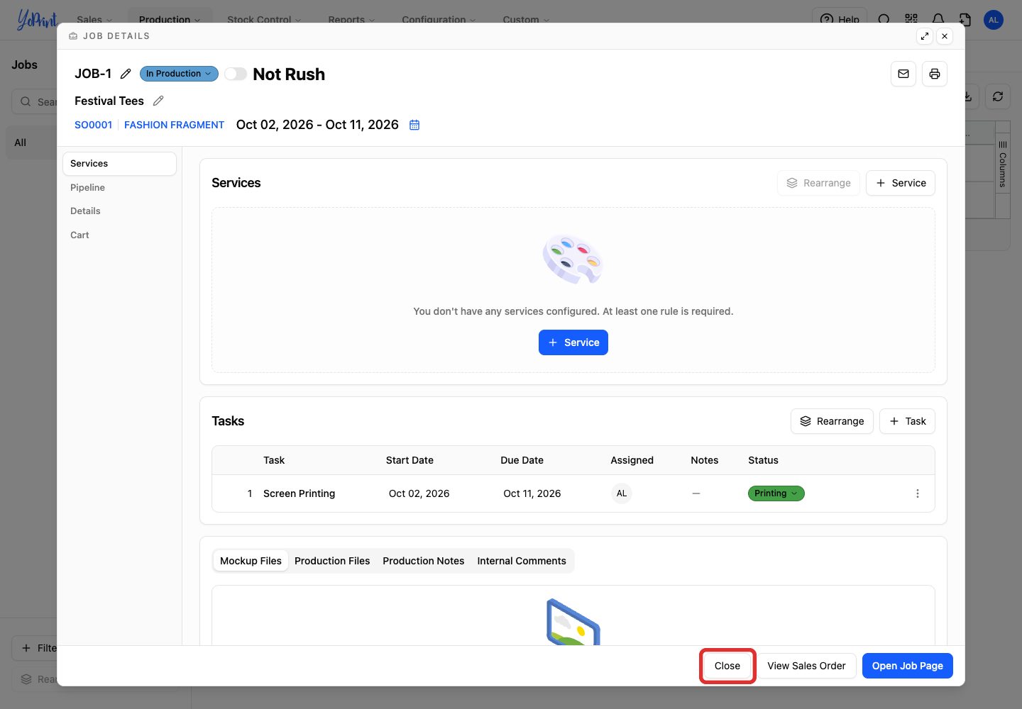 Job details modal with the Close button outlined