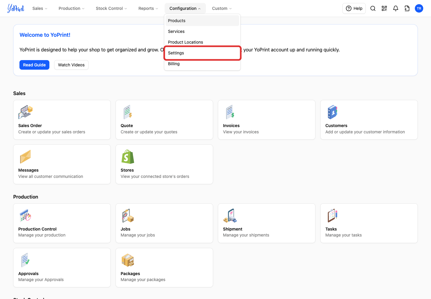 Configuration menu highlighting Settings