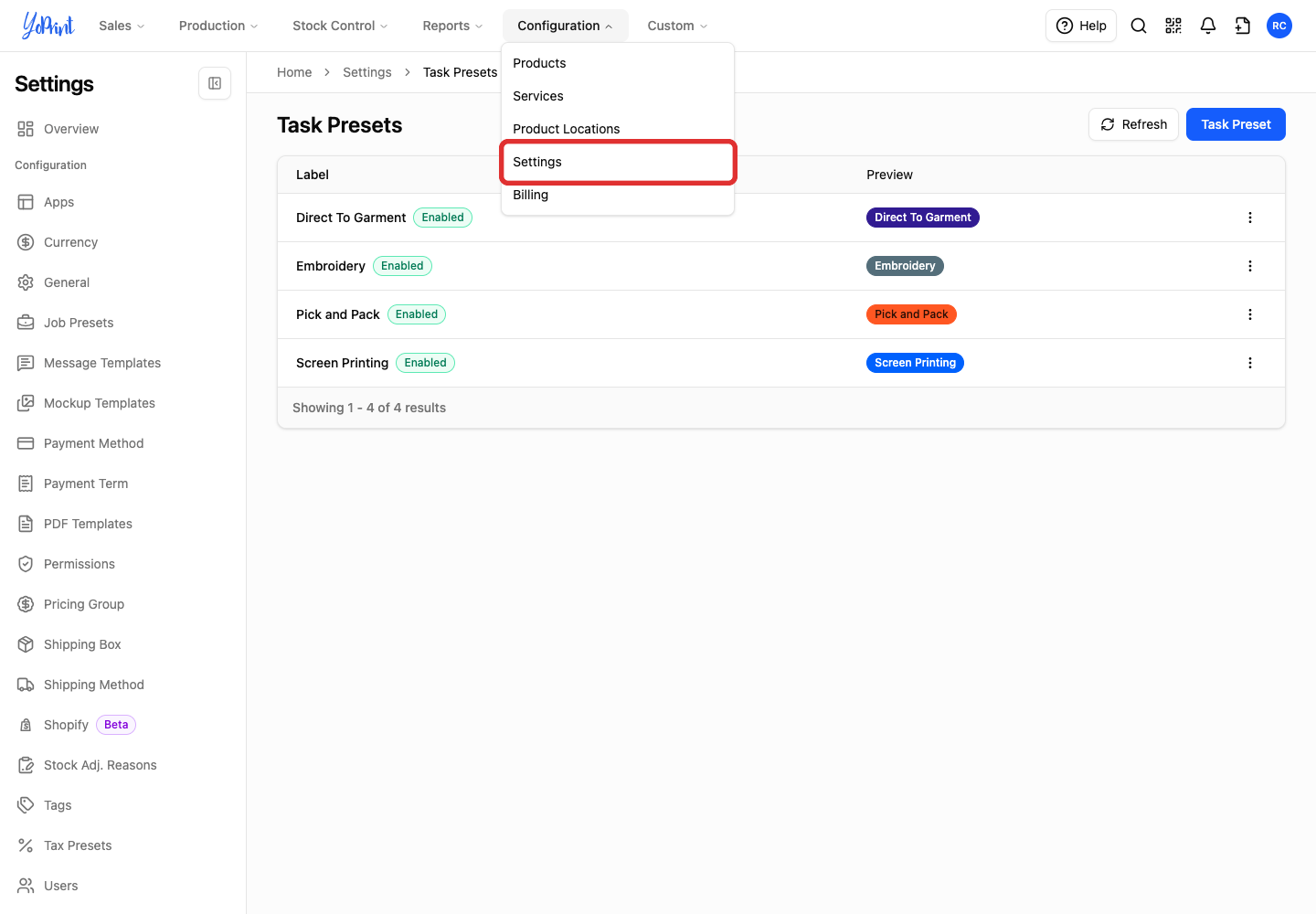 Configuration menu open, with Settings highlighted
