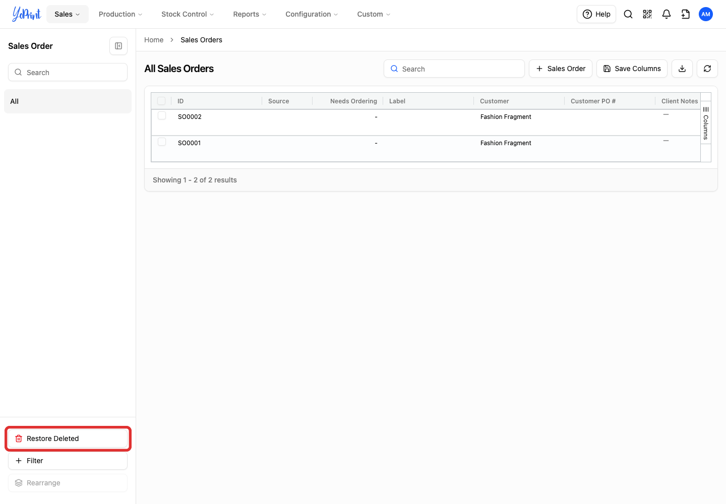 Restore Deleted button in the Sales Orders sidebar